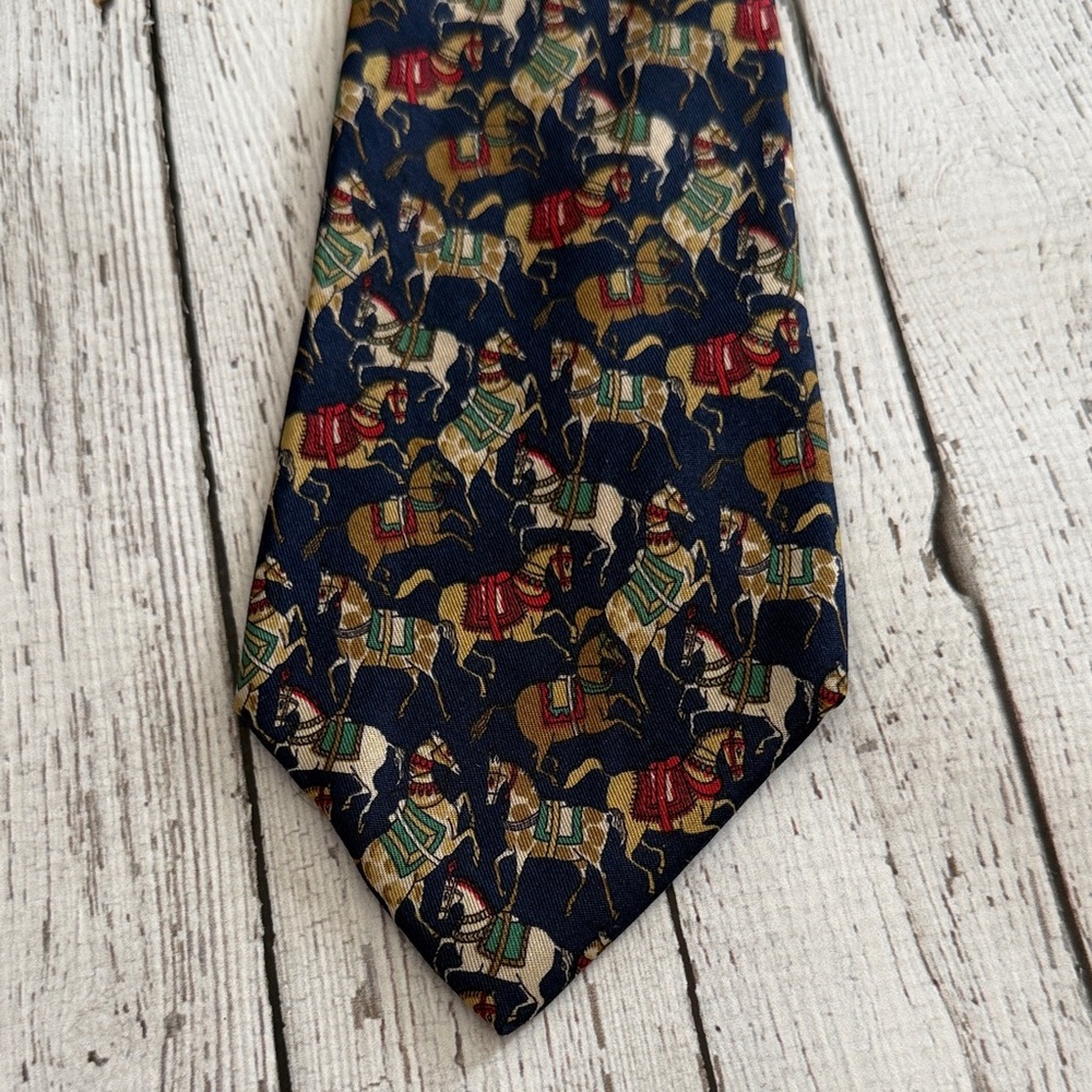 Salvatore Ferragamo Navy Silk Tie with Equestrian Horse Pattern